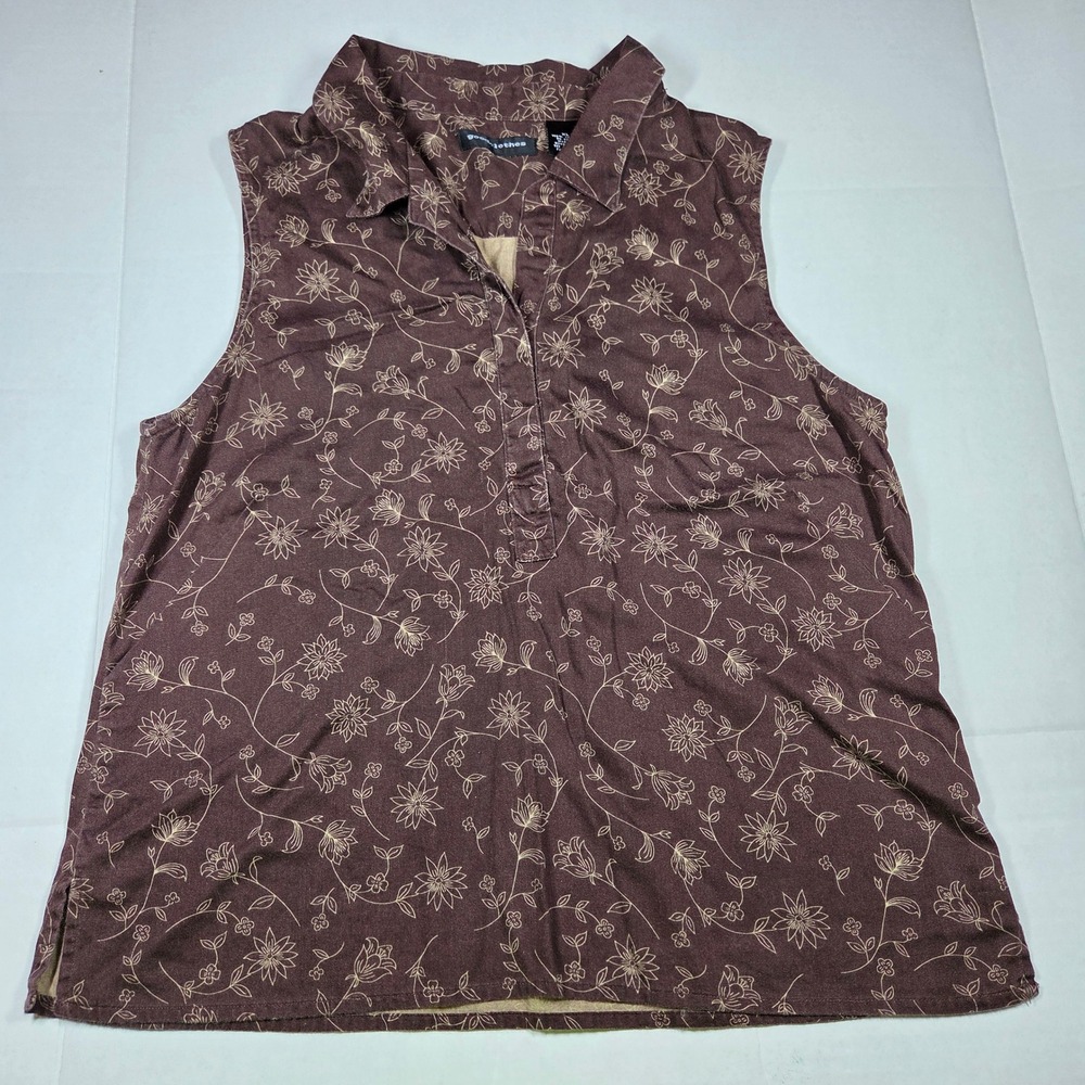 Goodclothes Womens XL Brown Floral Sleeveless Cotton Blouse Button Front Top